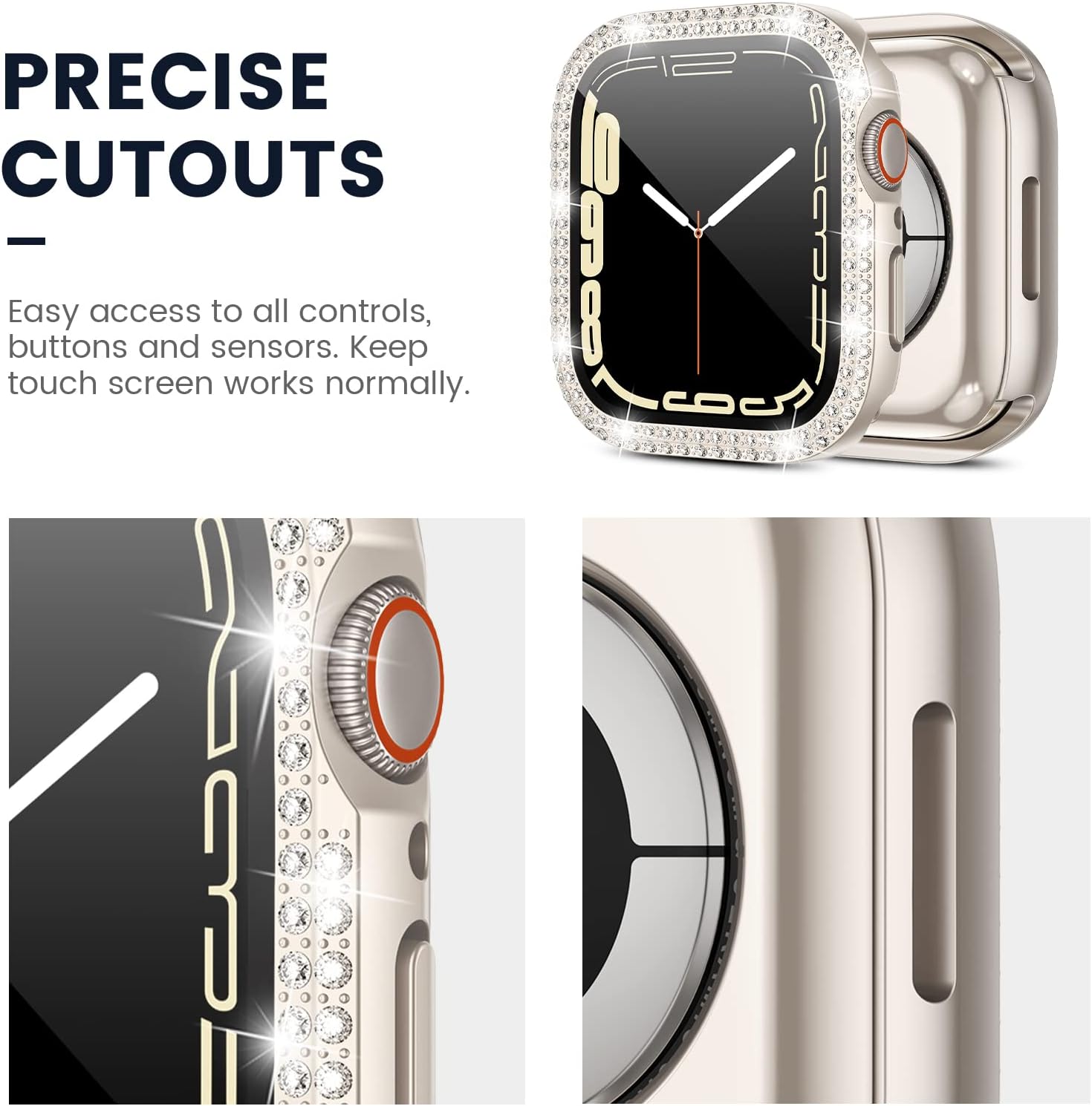 Tensea [2 in 1] for Waterproof Apple Watch Screen Protector Series 8 7 41mm Accessories, iWatch Hard Diamond Bumper Case Built-in Tempered Glass Film, Front & Back Bumper, Bling Face Cover Women - Image 5